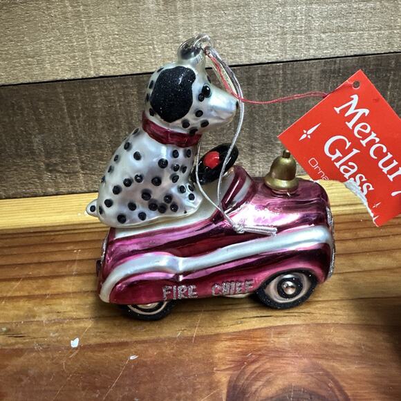 RARE Vintage 1998 Dalmatian Fire Chief Pedal Car Ornament Mercury Glass Dept 56 - Picture 3 of 5